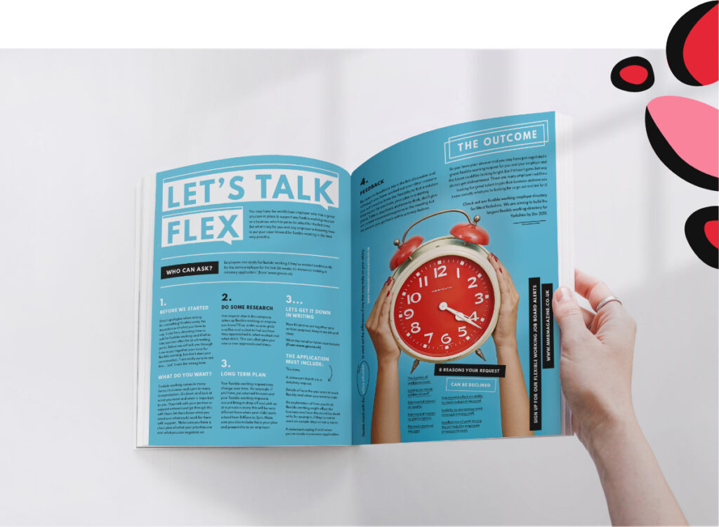 mmb magazine open on the page How Do I Ask For Flexible Working. image on the magazine page is a clock