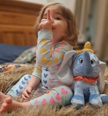 toddler with dumbo disney 100 plush toy