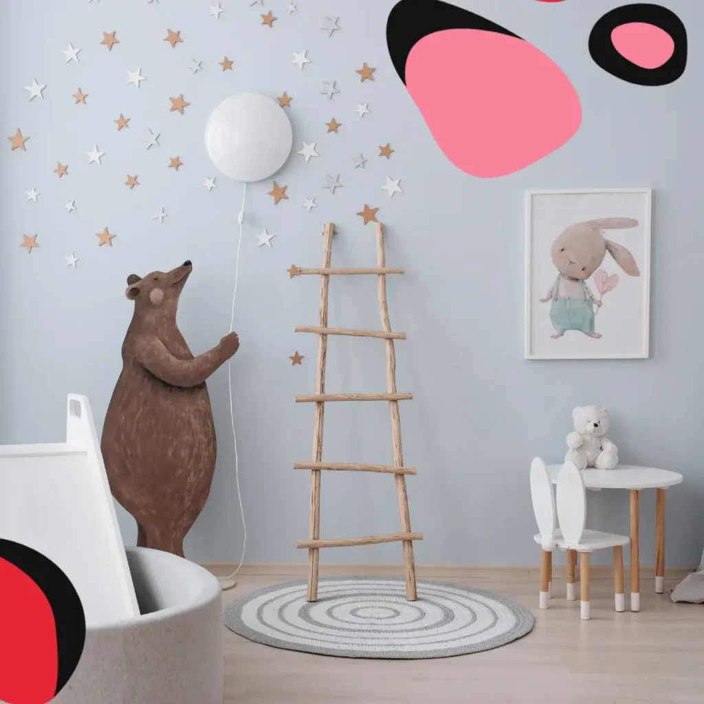 Montessori playroom with bear decal on wall and minimal decor