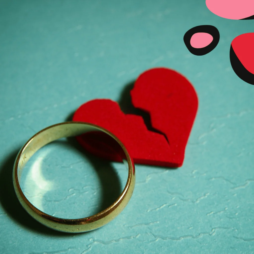 wedding ring and broken heart on green background for divorce