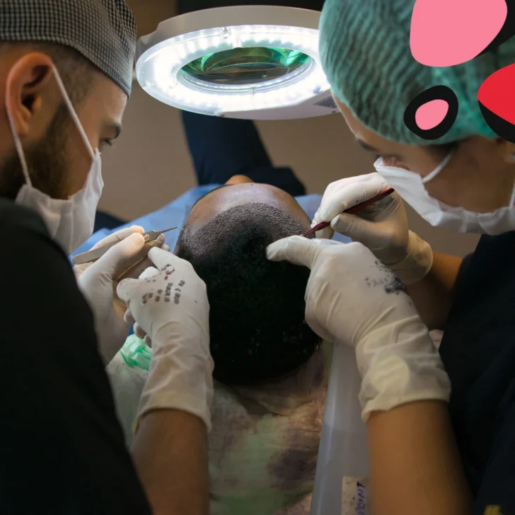 man lying on the table surrounded by drs giving him a hair transplant.