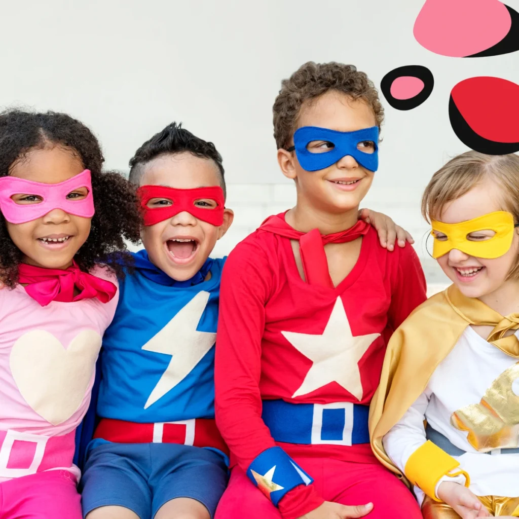 kids dressed as super heros for a birthday party