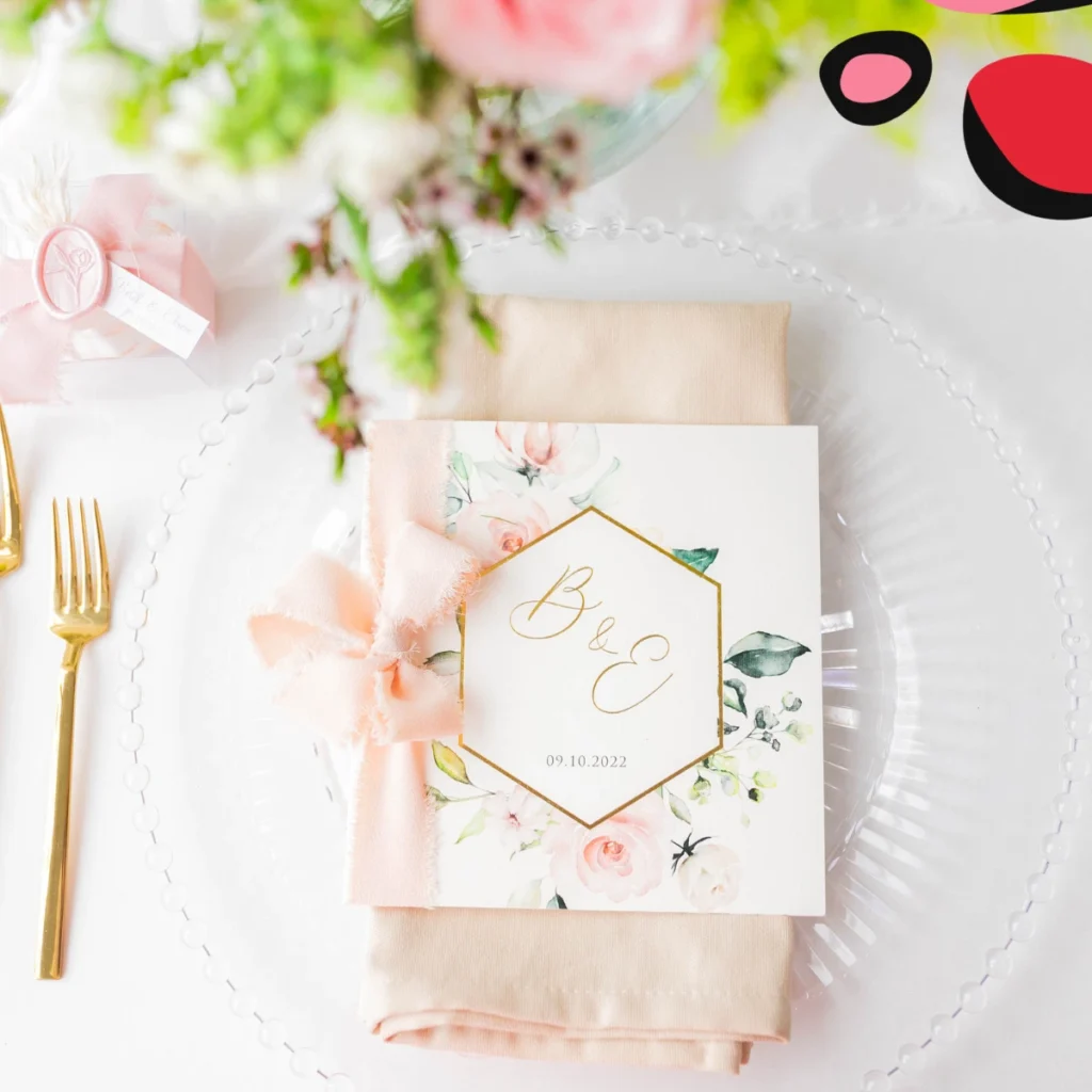wedding place setting with name and napkin in pink with flowers