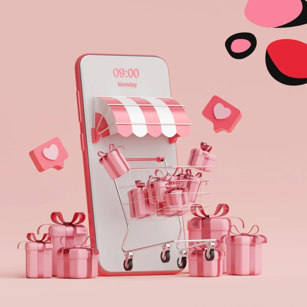 pink background with iphone in pink and pink mini shopping carts with insta love hearts to show online shopping cart