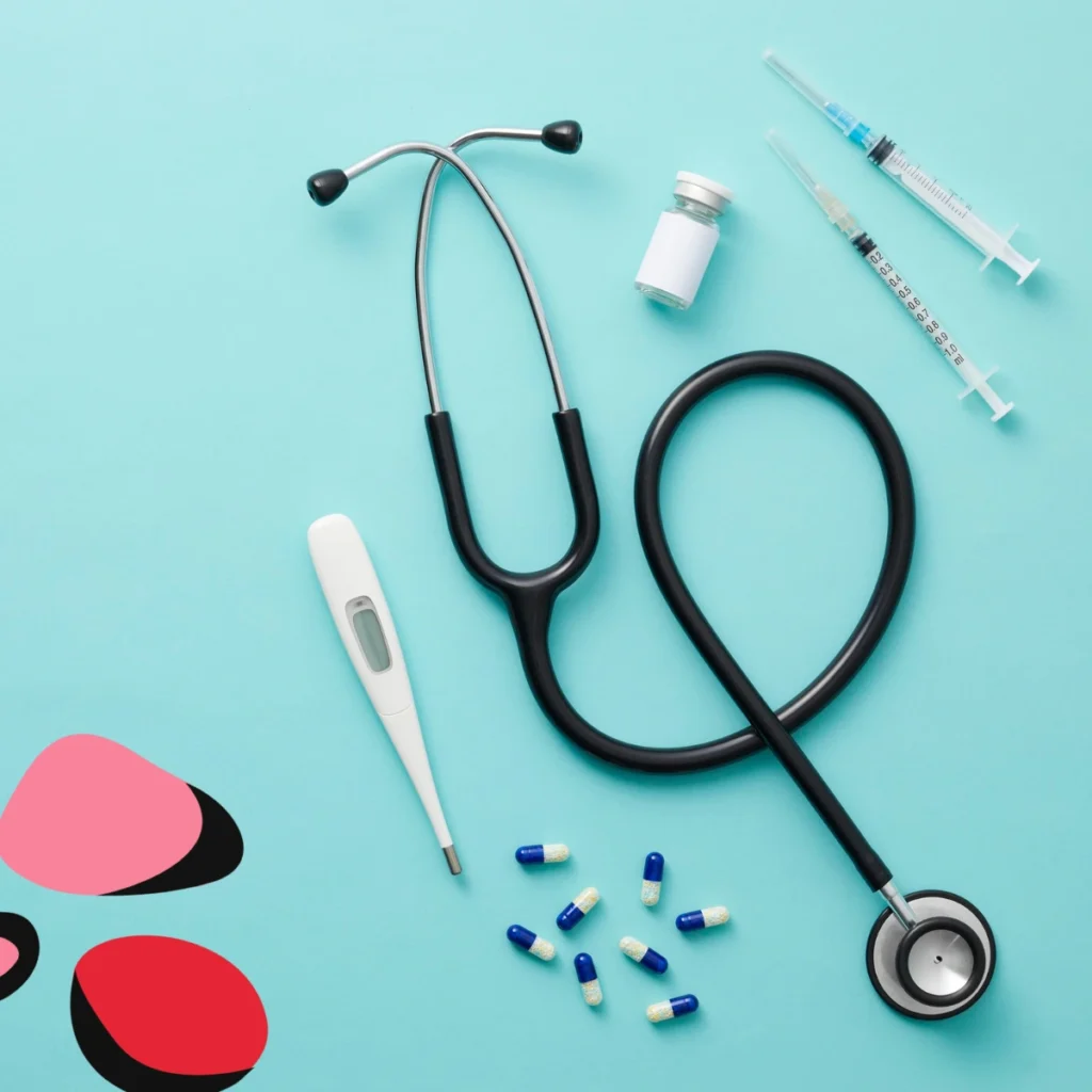 MEDICAL EQUIPMENT laid out on a blue background
