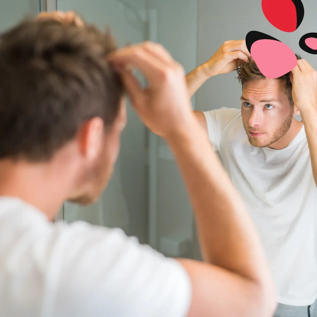 man looking in the mirror checking out his hair transplant