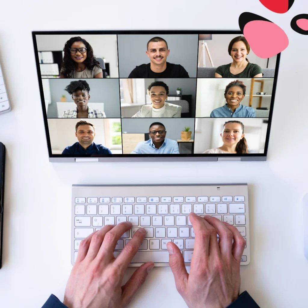 virtual meeting event on a computer with 9 people on the screen