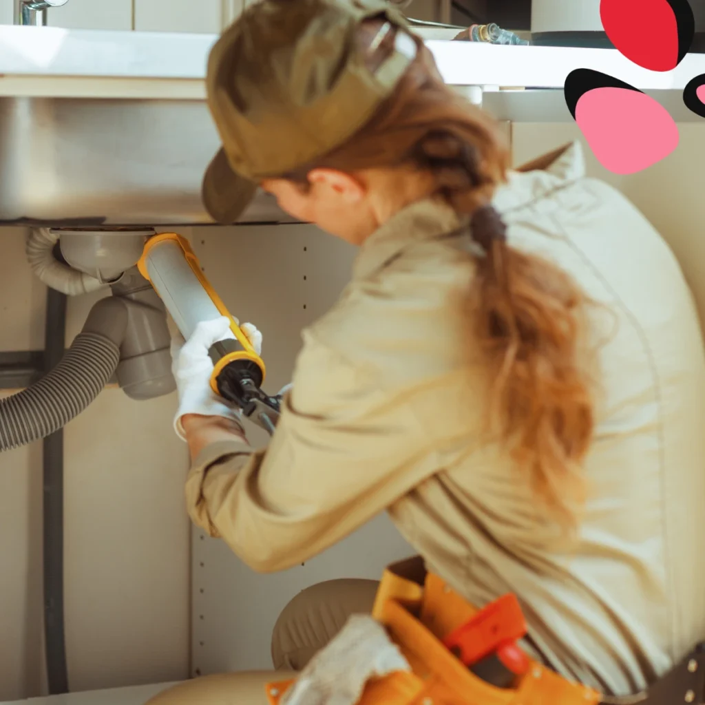woman tradie under sink plumbing