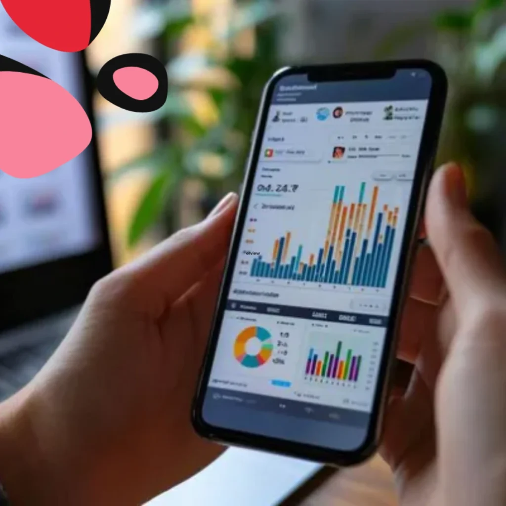 woman holding phone with data anaylsis on it