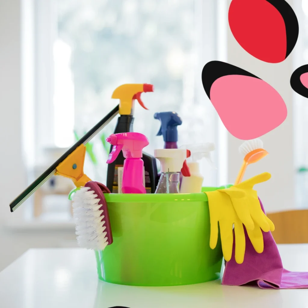 cleaning product's on worksurface with bucket