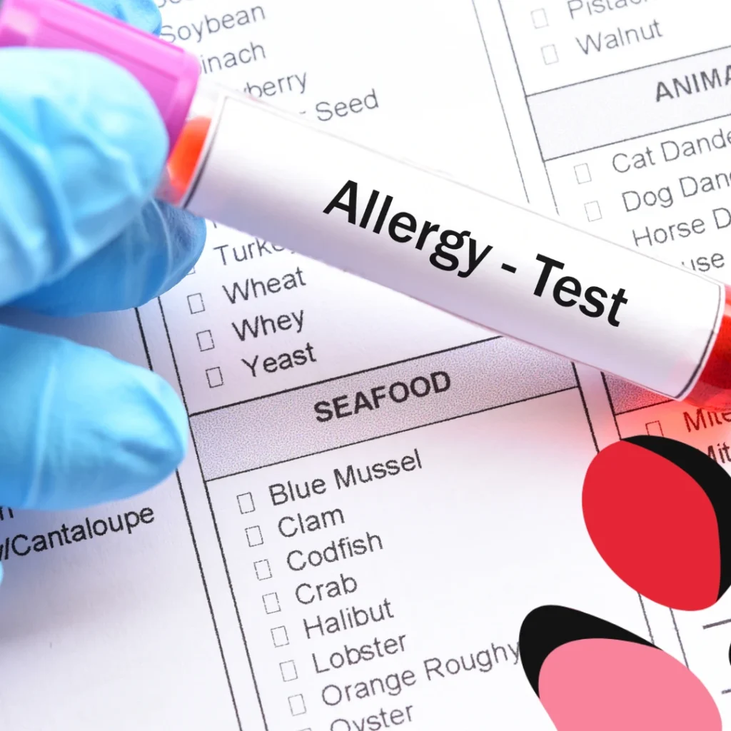 allergy test tube held by a scientist in blue gloves